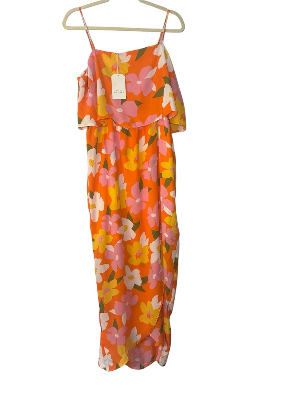 Emily Wonder Bright Orange Floral Maxi Dress with a slit & Pink & Yellow Blooms